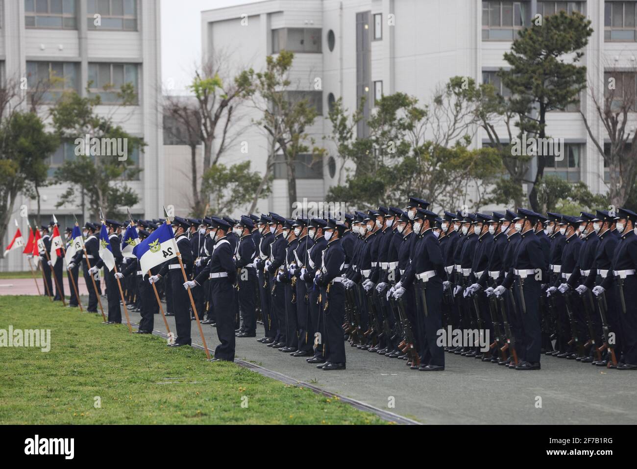 Students of the National Defense Academy perform a military parade to honor the traditional academy entrance ceremony in Yokosuka on April 5, 2021. The National Defense Academy welcomed 502 new students, 72 of them women. Credit: AFLO/Alamy Live News Stock Photo