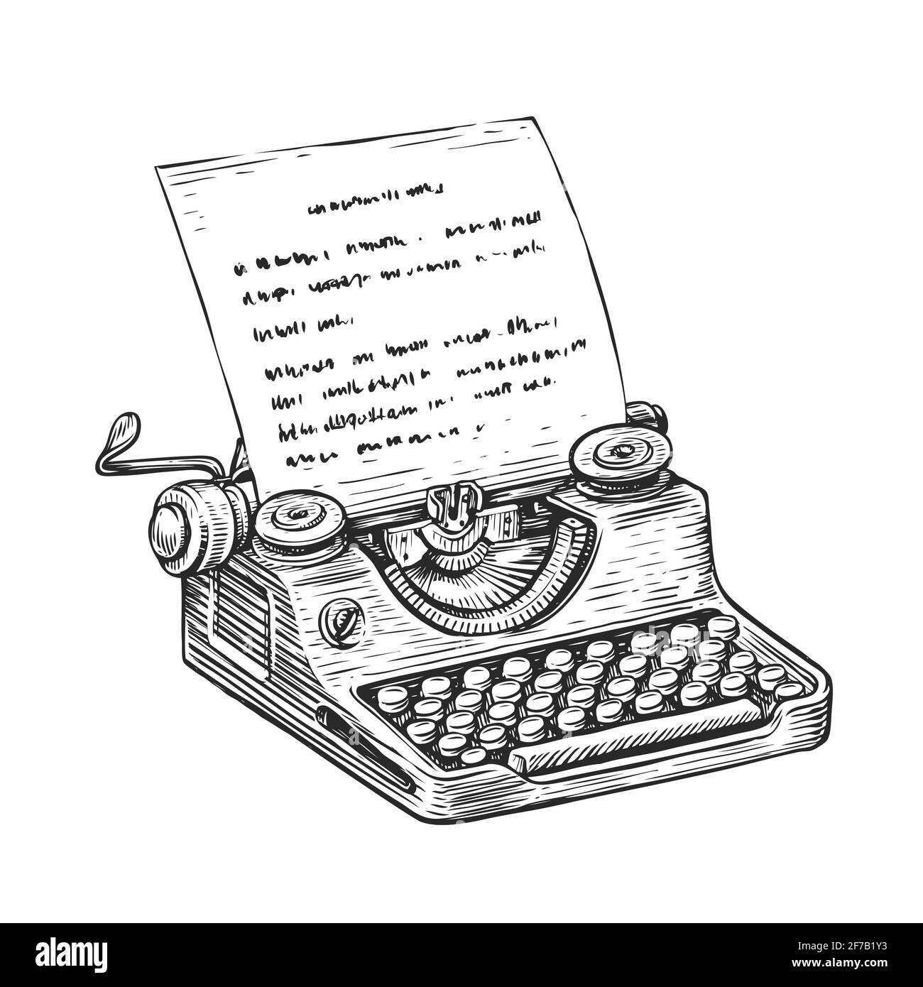 Vintage typewriter with sheet of paper. Hand drawn sketch vector illustration Stock Vector