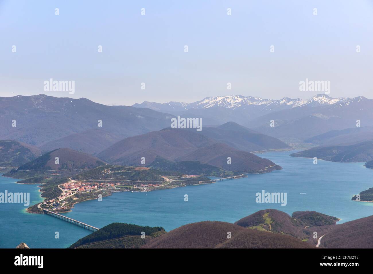 Spring Riaño Horizontal view. Aerial view of the Riaño reservoir, the village and ...