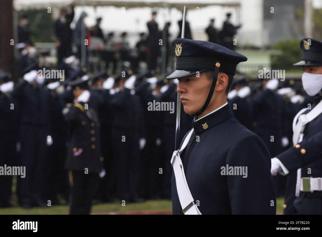 Students of the National Defense Academy perform a military parade to honor the traditional academy entrance ceremony in Yokosuka on April 5, 2021. The National Defense Academy welcomed 502 new students, 72 of them women. Credit: AFLO/Alamy Live News Stock Photo