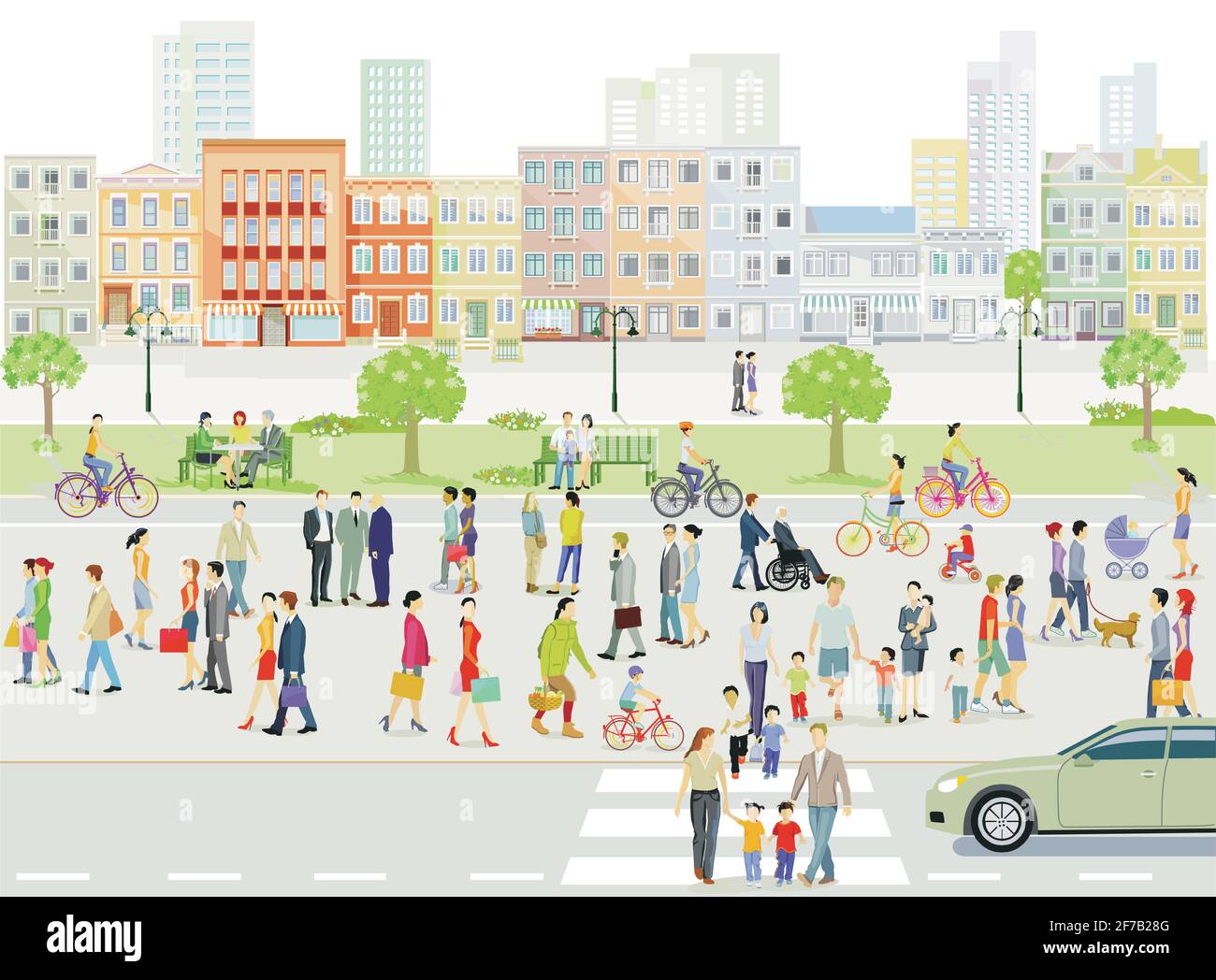 Families and people on the sidewalk with road traffic illustration Stock Vector
