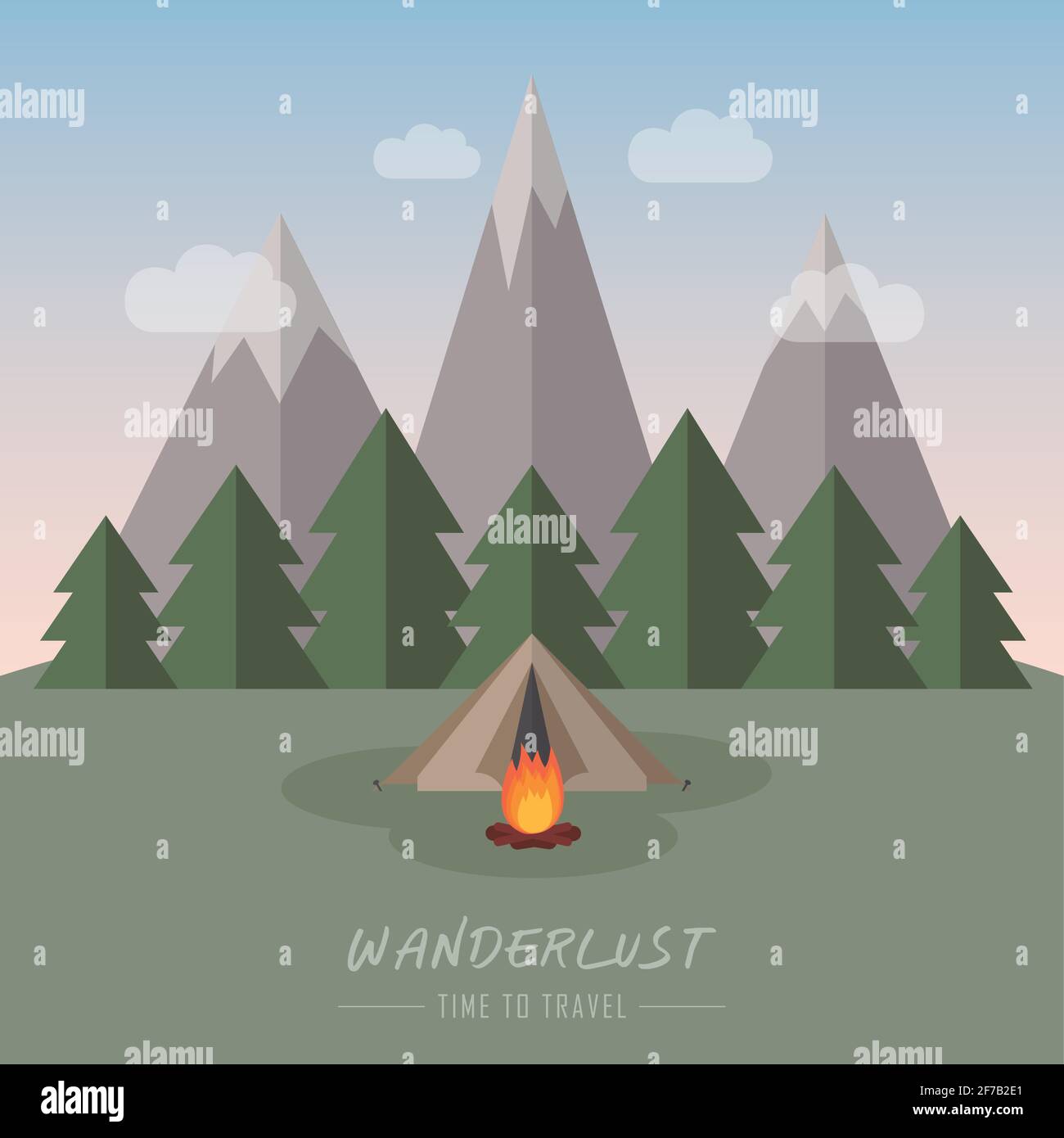 wanderlust camping adventure in the wilderness tent in snowy mountain Stock Vector