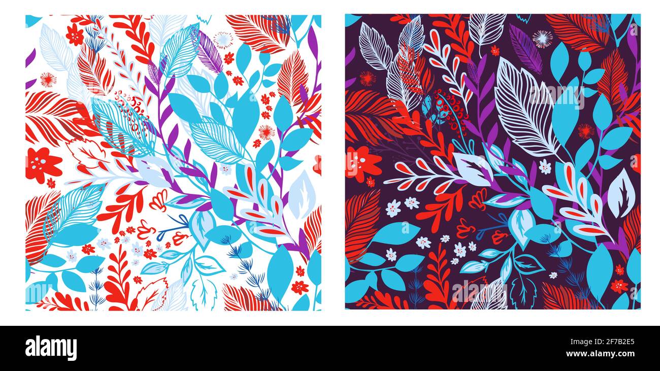 A seamless background with red and blue flowers and leaves. Dark and ...