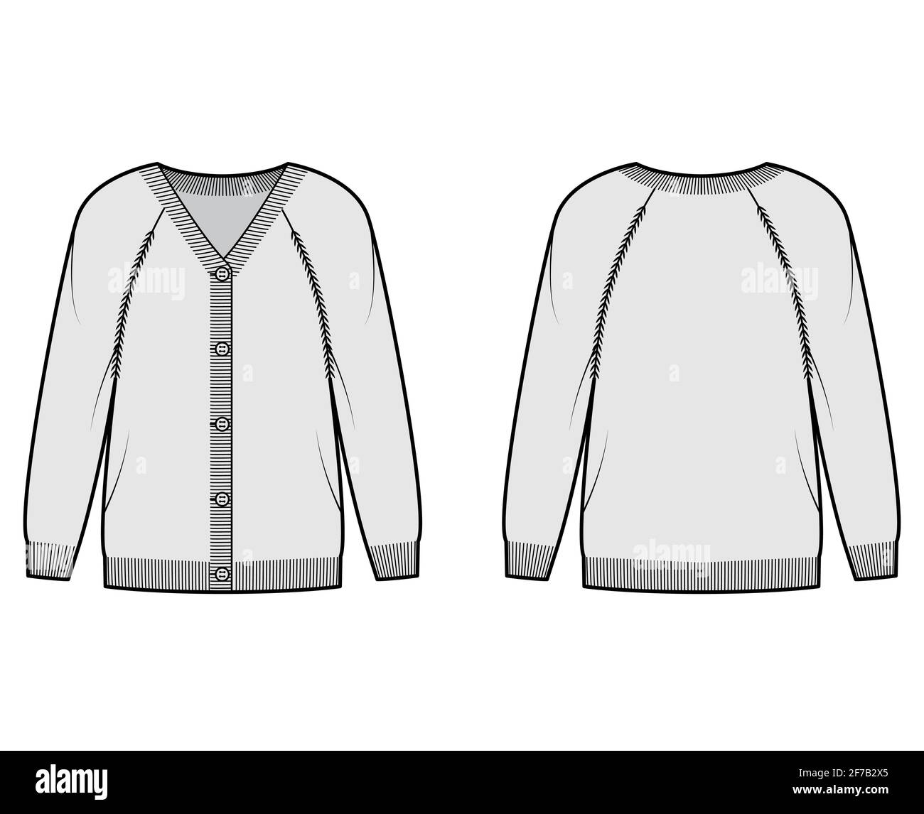 Sweater cardigan technical fashion illustration with V neck, long