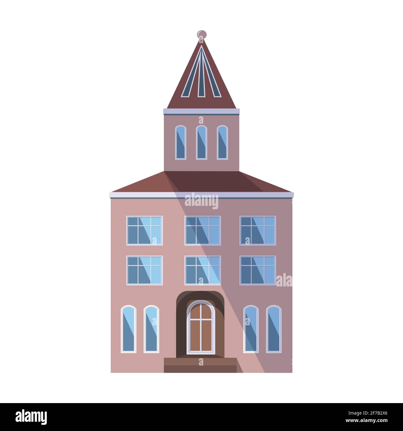 European pink old house in the traditional Dutch town style with a double gable roof, turret, narrow windows and front door. Vector illustration in Stock Vector