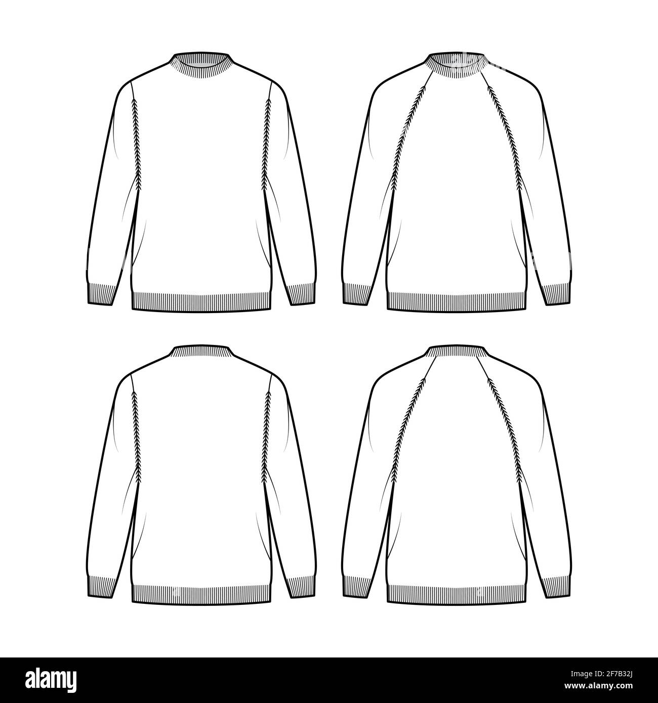 Set of Rib Fisherman Sweaters technical fashion illustration with crewneck, long raglan sleeves, oversized, hip length, knit trim. Flat apparel front, back, white grey color. Women, men CAD mockup Stock Vector