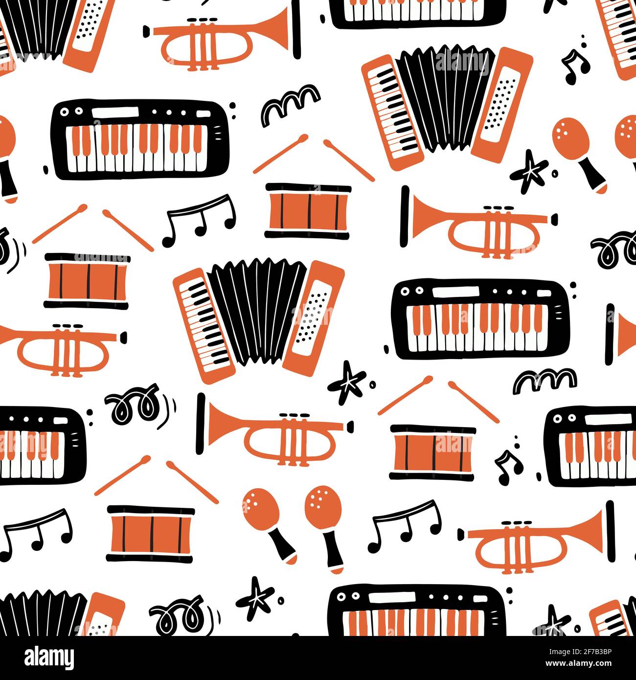 Hand drawn seamless pattern of musical instrument. Flat sketch style ...