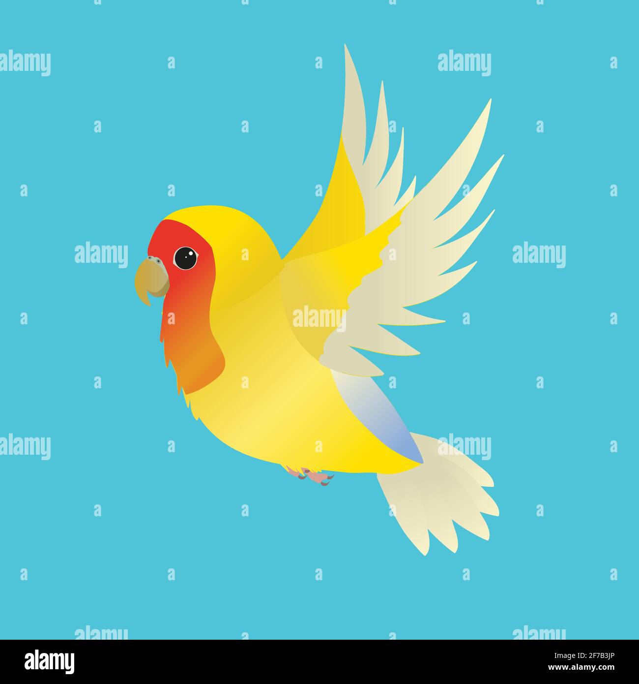 Flying yellow peach faced lovebird. The background is blue. Stock Vector