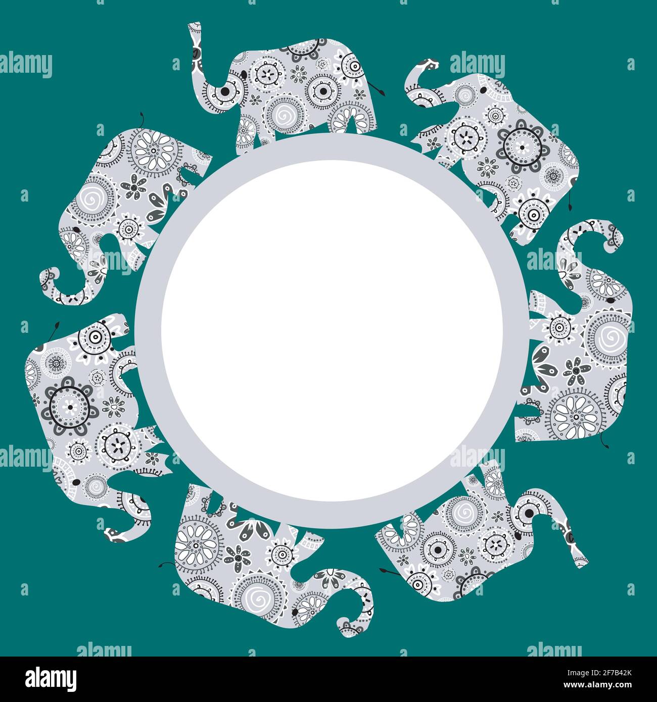 Round frame with ornamental patterned elephants Stock Vector