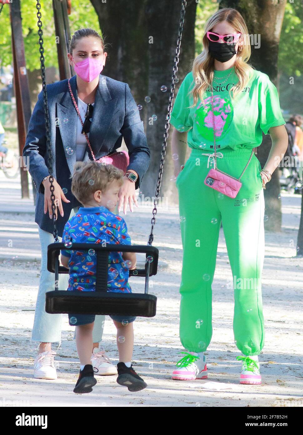 Chiara Ferragni with her sister and son Leone at Parco Sempione Stock
