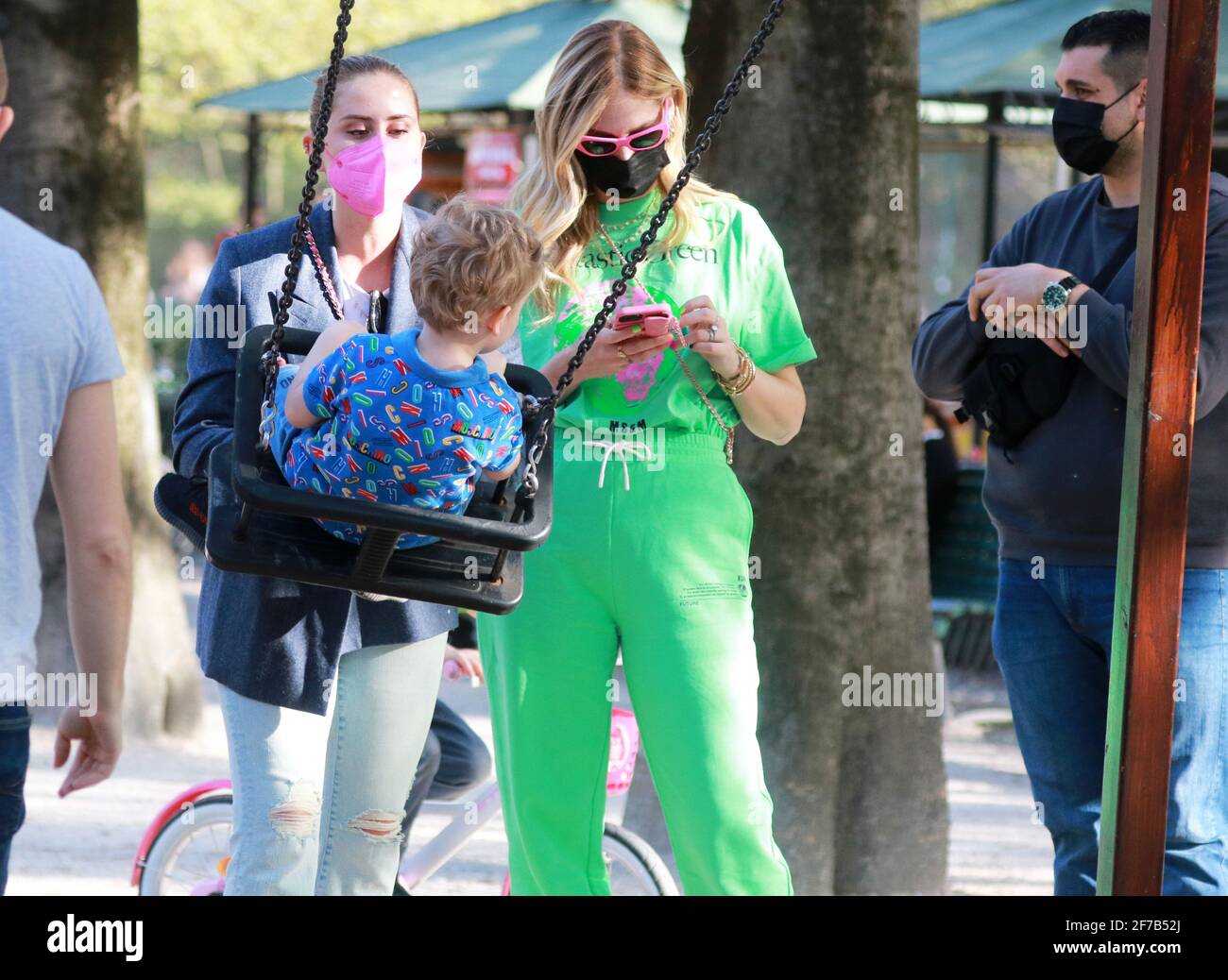 Chiara Ferragni with her sister and son Leone at Parco Sempione Stock