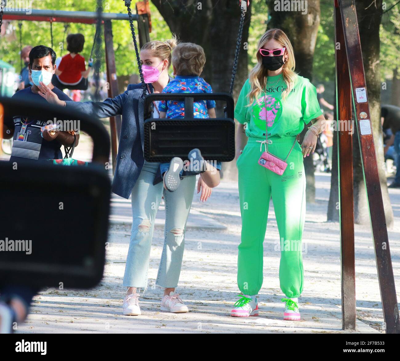 Chiara Ferragni with her sister and son Leone at Parco Sempione Stock