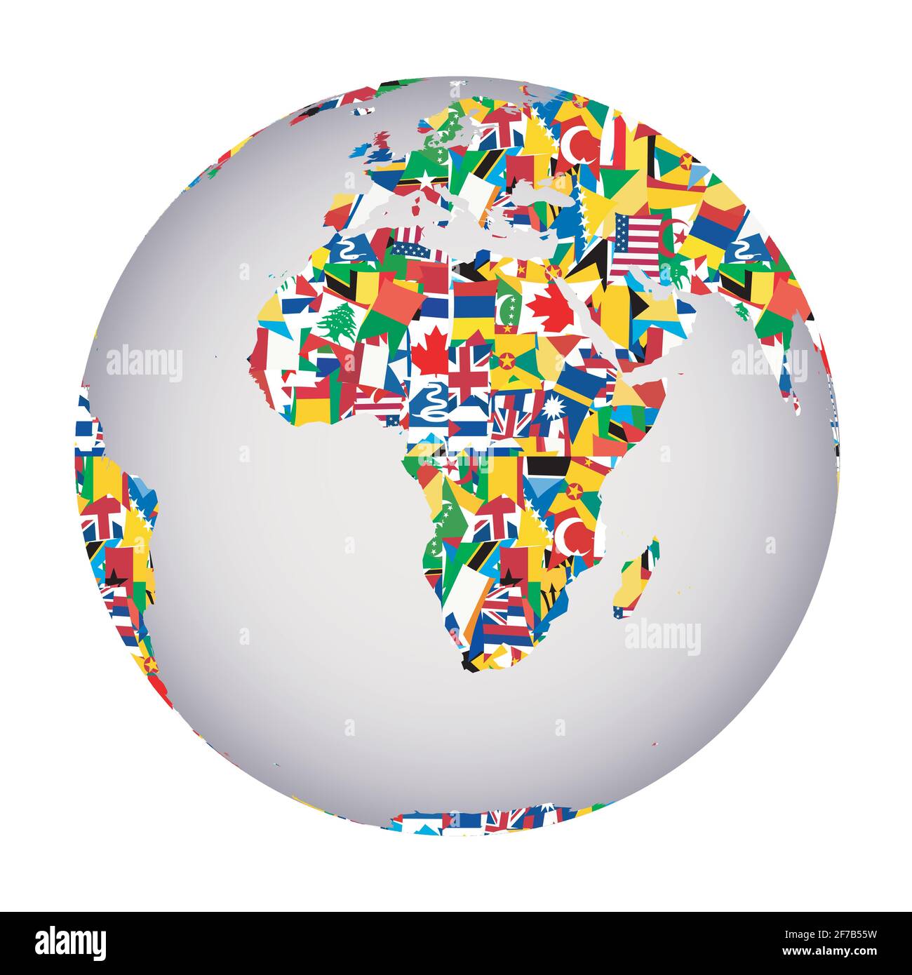 Globalization concept with Earth globe and all flags of the world Stock Vector