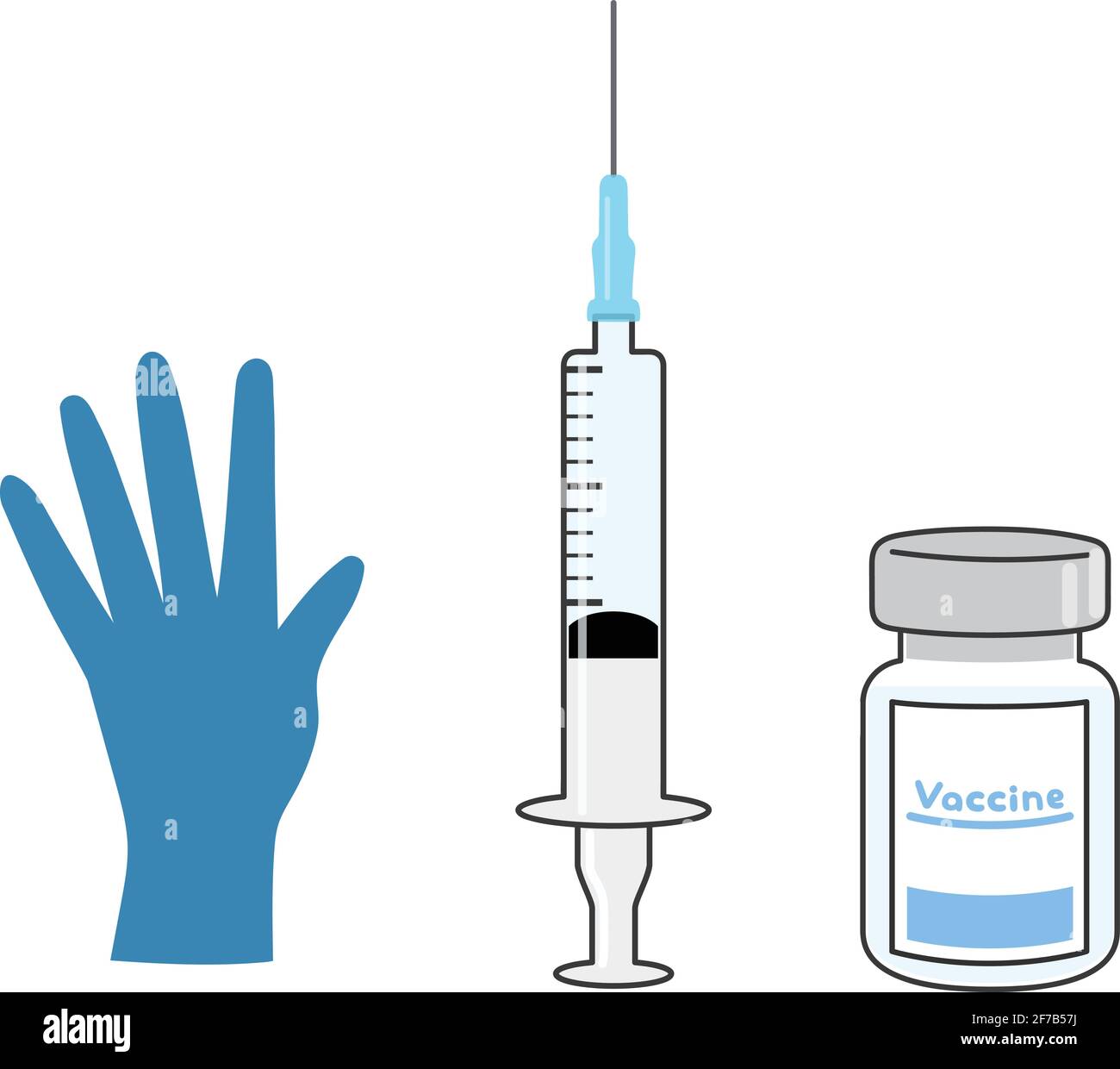 Medical tools for vaccination. Glass vial, syringe with a needle, and a surgical glove. Vector illustration isolated on white background. Stock Vector