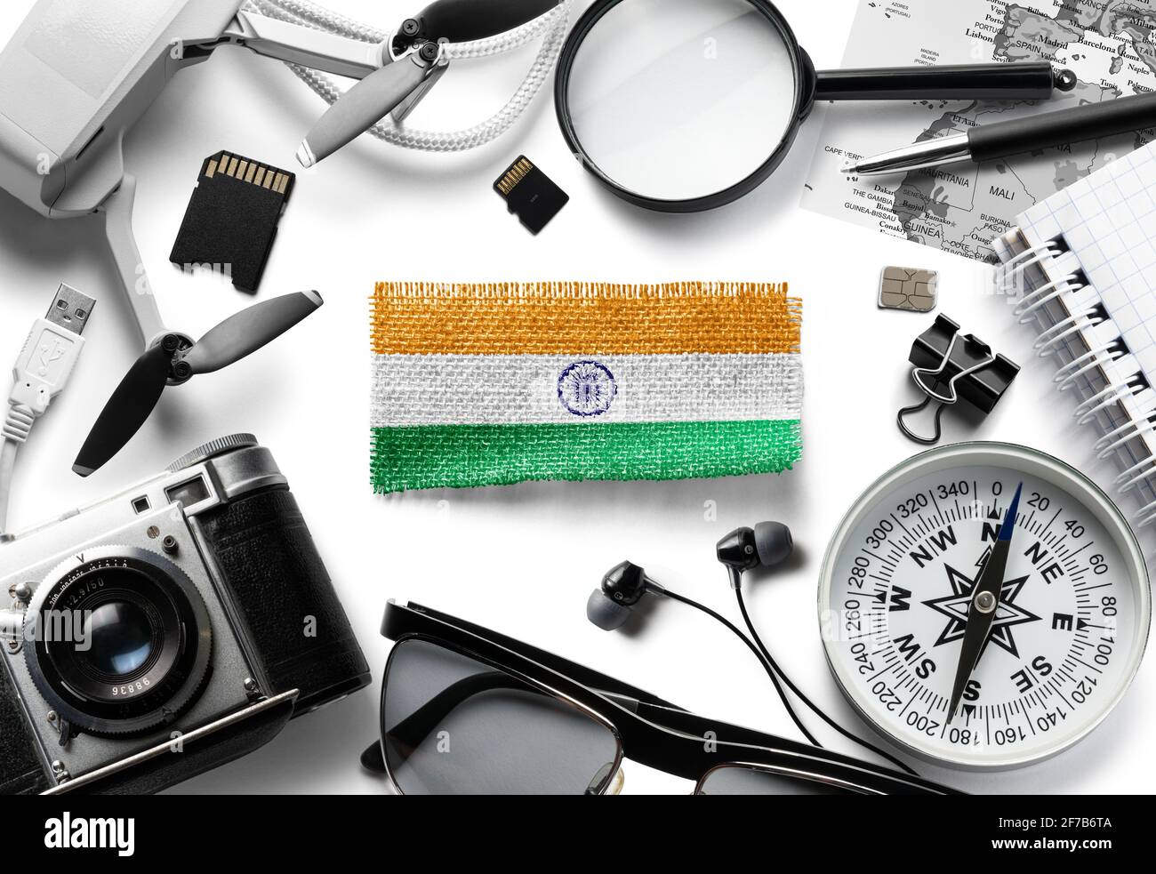 Flag of India and travel accessories on a white background. Stock Photo