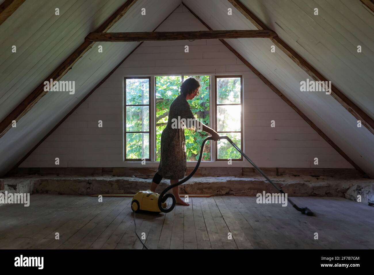 Woman vacuum cleaning attic Stock Photo Alamy