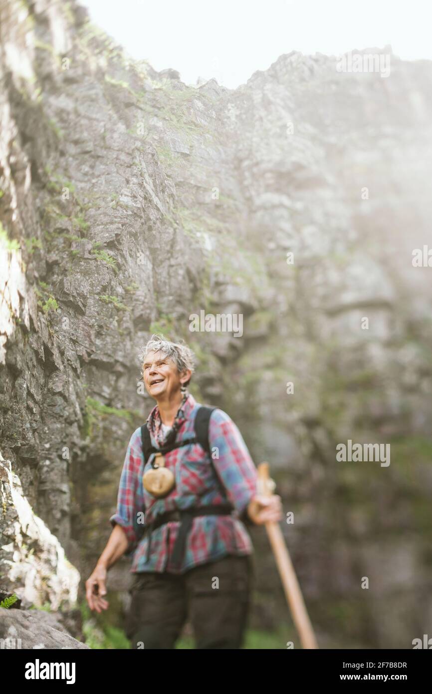 Senior woman hiking Stock Photo