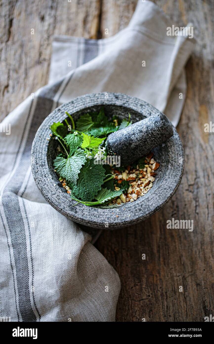 Garlic mustard and almonds pesto Stock Photo