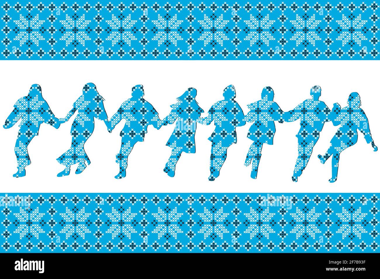 Blue ethnic motifs background with traditional dancers silhouettes Stock Vector