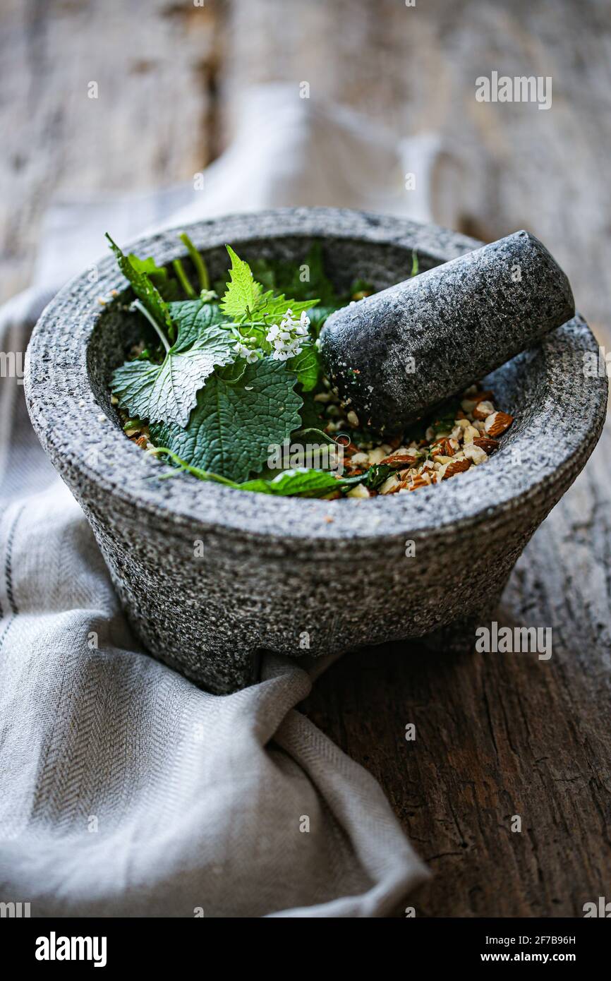 Garlic mustard and almonds pesto Stock Photo