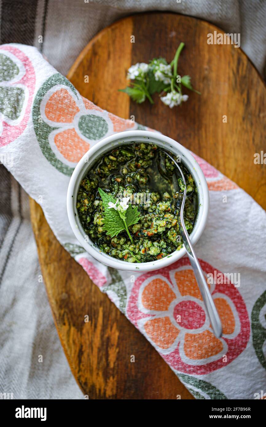 Garlic mustard and almonds pesto Stock Photo