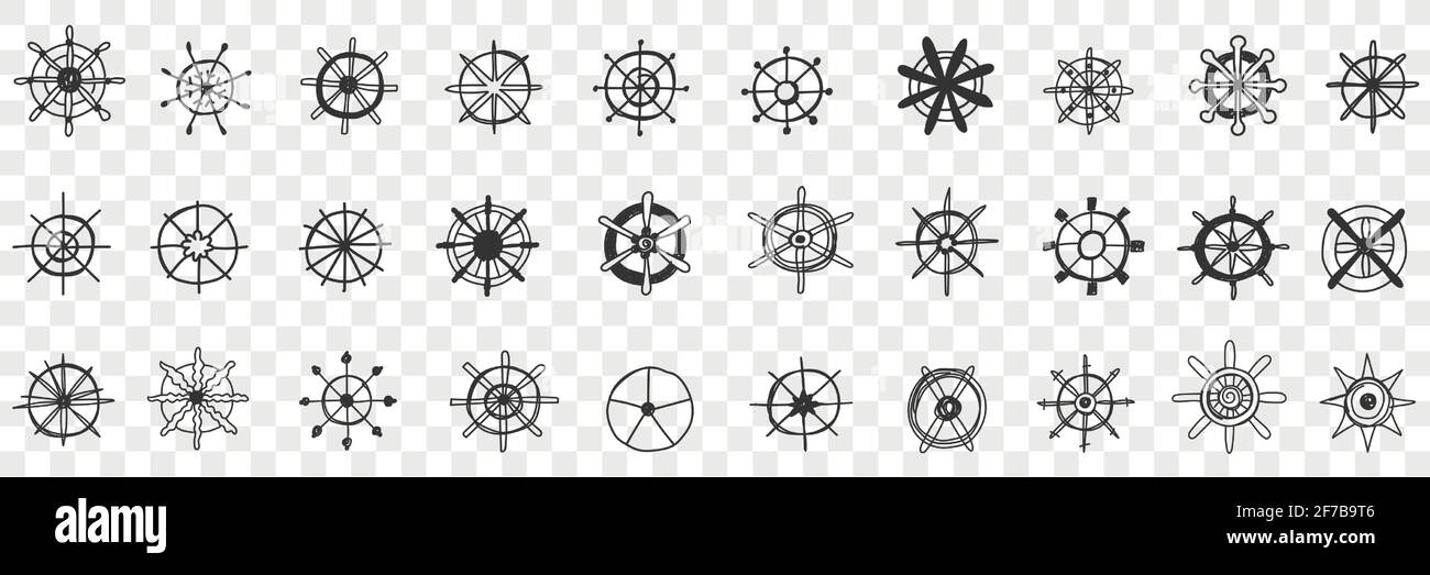 Steering wheel assortment doodle set. Collection of hand drawn various styles of circle steerings wheels on ships boats transport isolated on transparent background Stock Vector