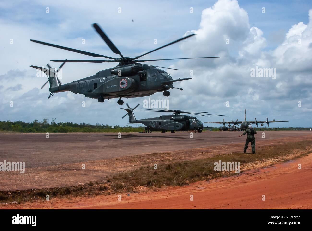 Sandy Bay, Nicaragua. 03-15-2016. Military helicopter returning from reviewing the situation of a community of Puerto Cabezas seriously affected by st Stock Photo