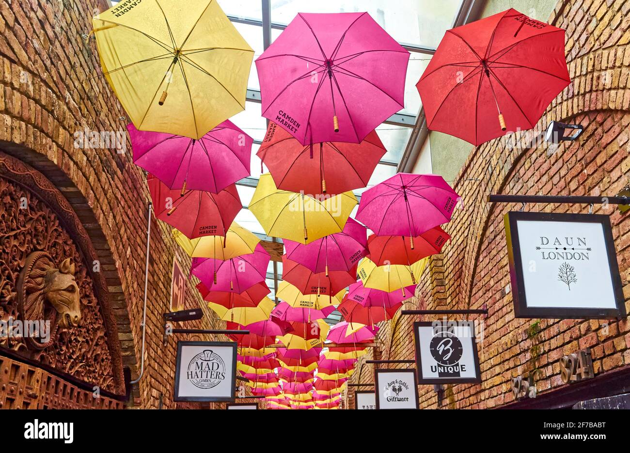 Umbrellas hanging from the ceiling in Stables Market, Chalk Farm Road