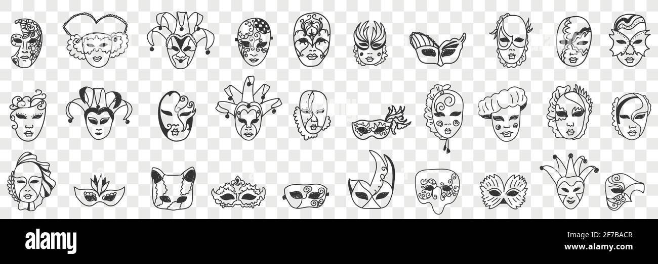 Carnival masks assortment doodle set. Collection of hand drawn various styles of decorative face masks as festival carnival costumes isolated on transparent background vector illustration  Stock Vector