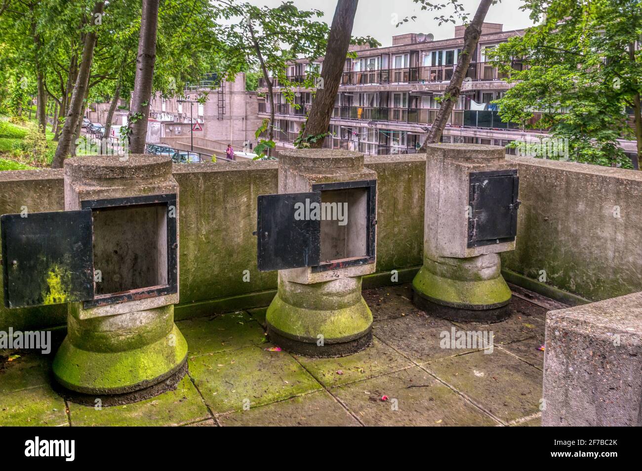 Rubbish chutes outside flats on the 1960s and 1970s Central Hill Estate