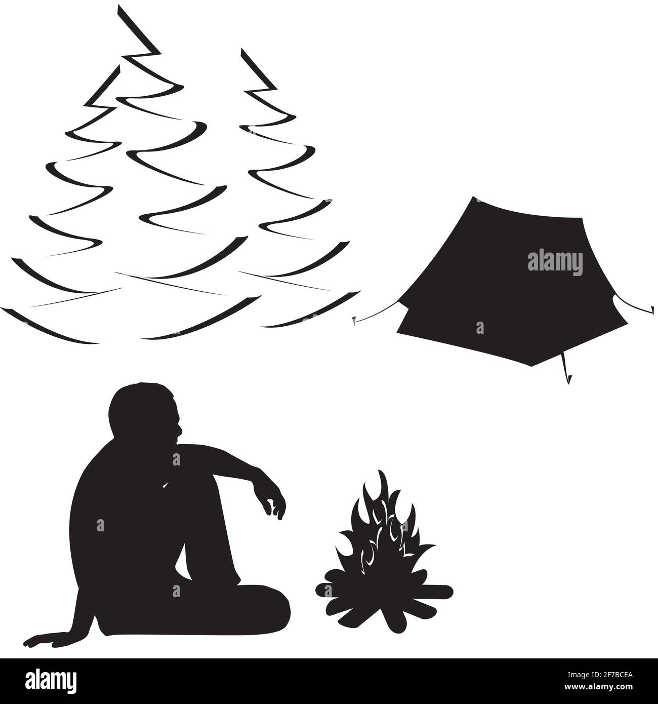 Male tourist  sitting near campfire and tent Stock Vector