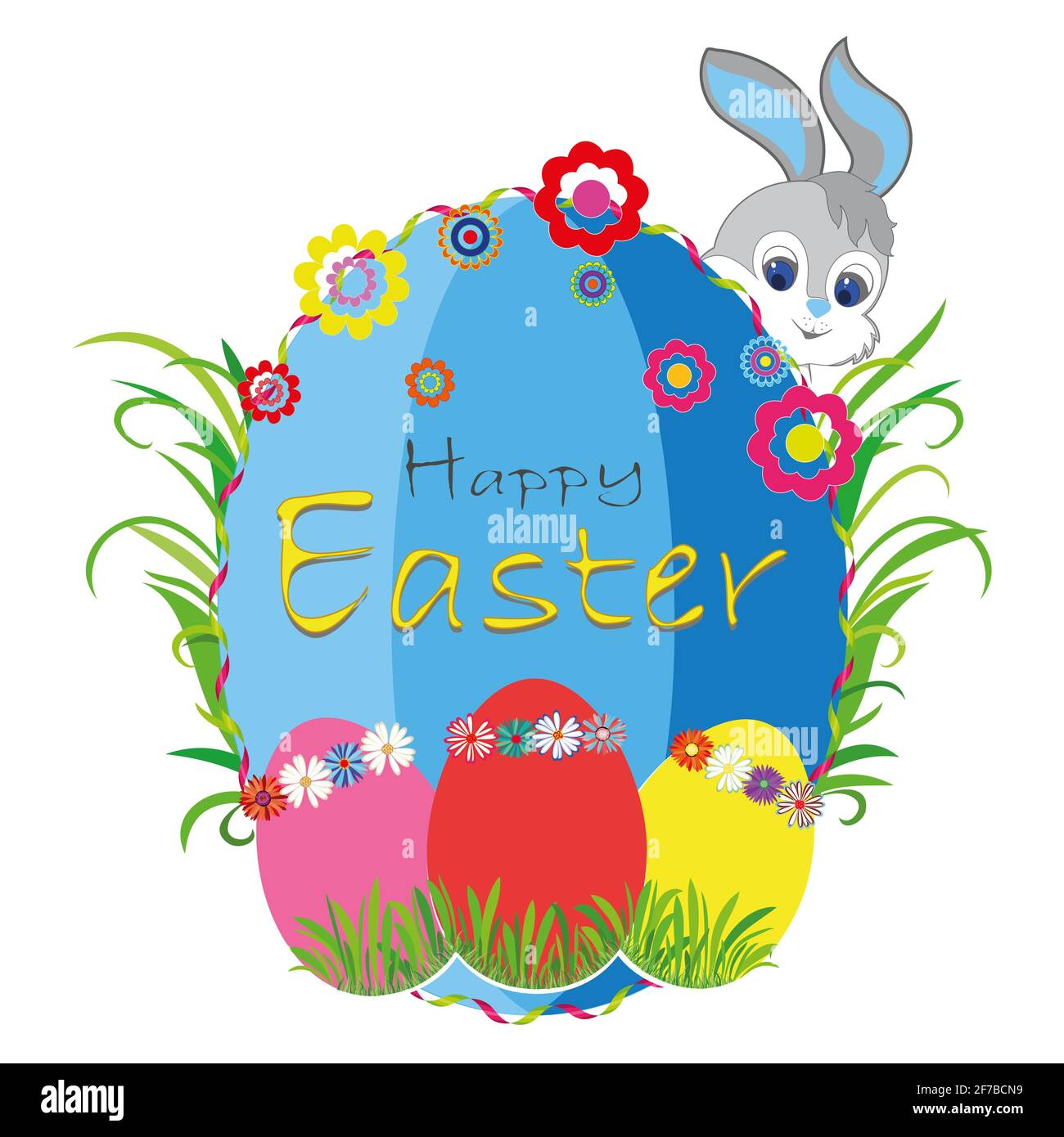 Easter egg. Painted eggs. Happy Easter text. Isolated white. Easter bunny Illustration Stock Photo