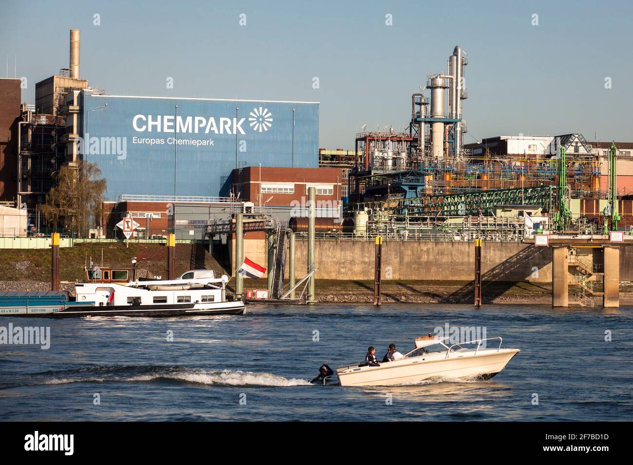view over the Rhine to the Chempark, former known as the Bayerwerk