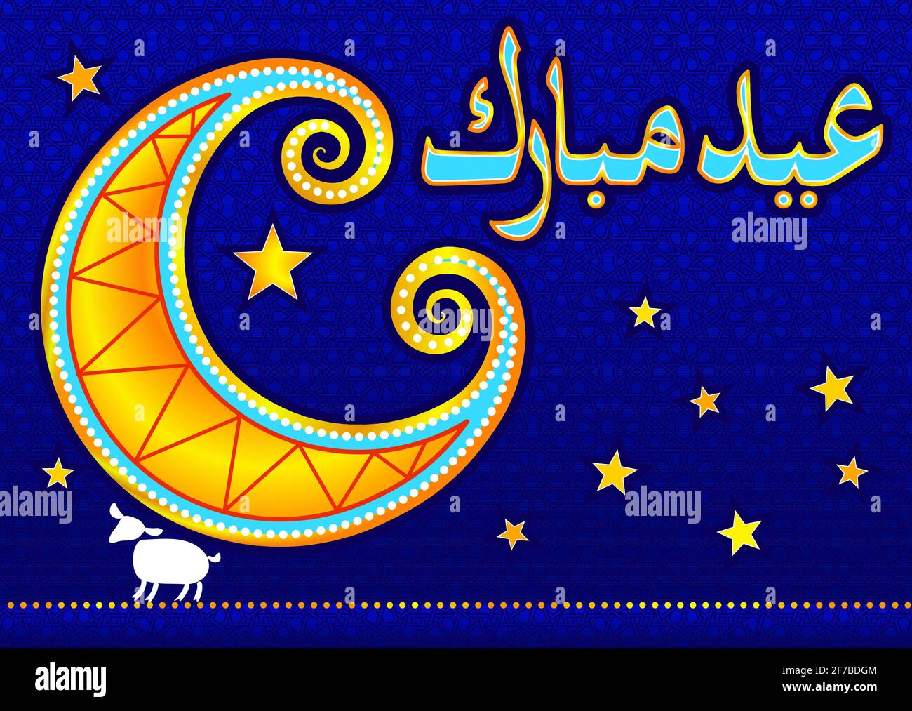 Greeting card for the Islam holiday Eid al-Adha. The  moon, Arabic ornament, congratulations  Eid Mubarak (Blessed Holiday), stars, a stylized lamb. Stock Vector