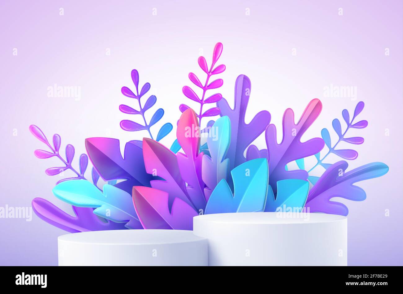 Realistic product podium with fantastic tropical leaves. Product podium scene design to showcase your product. Realistic 3d vector illustration Stock Vector