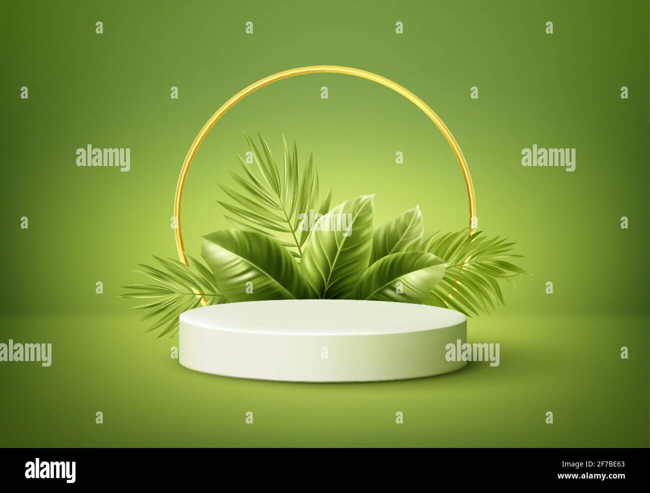 White product podium with green tropical palm leaves and golden round arch on green background. Background for product presentation. Vector Stock Vector