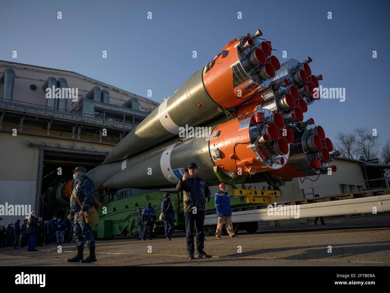 The Soyuz rocket is rolled out by train to the launch pad at Site 31, Tuesday, April 6, 2021, at the Baikonur Cosmodrome in Kazakhstan. Expedition 65 NASA astronaut Mark Vande Hei, Roscosmos cosmonauts Pyotr Dubrov and Oleg Novitskiy are scheduled to launch aboard their Soyuz MS-18 spacecraft on April 9. Mandatory Credit: Bill Ingalls/NASA via CNP | usage worldwide Stock Photo