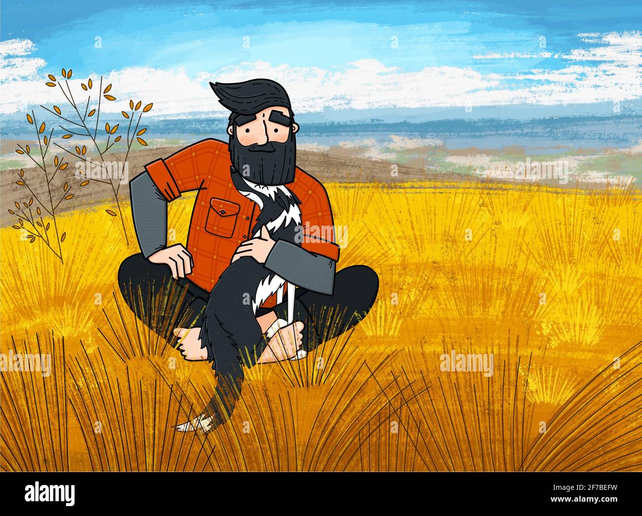 Bearded man sitting barefoot on the meadow with a cute dog. Black and white border collie. Illustration designed for travel blog etc. Stock Photo
