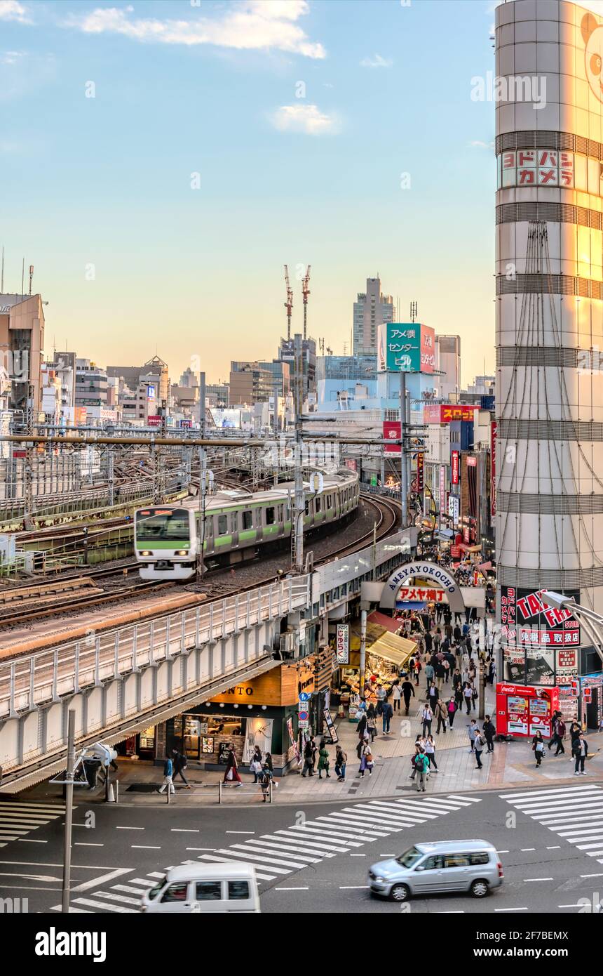 Cityscape at Ueno Station Business District at dawn, Tokyo, Japan Stock Photo
