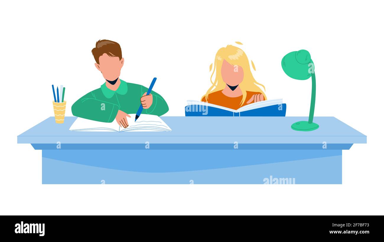 Pupils Doing Homework Together At Table Vector Stock Vector