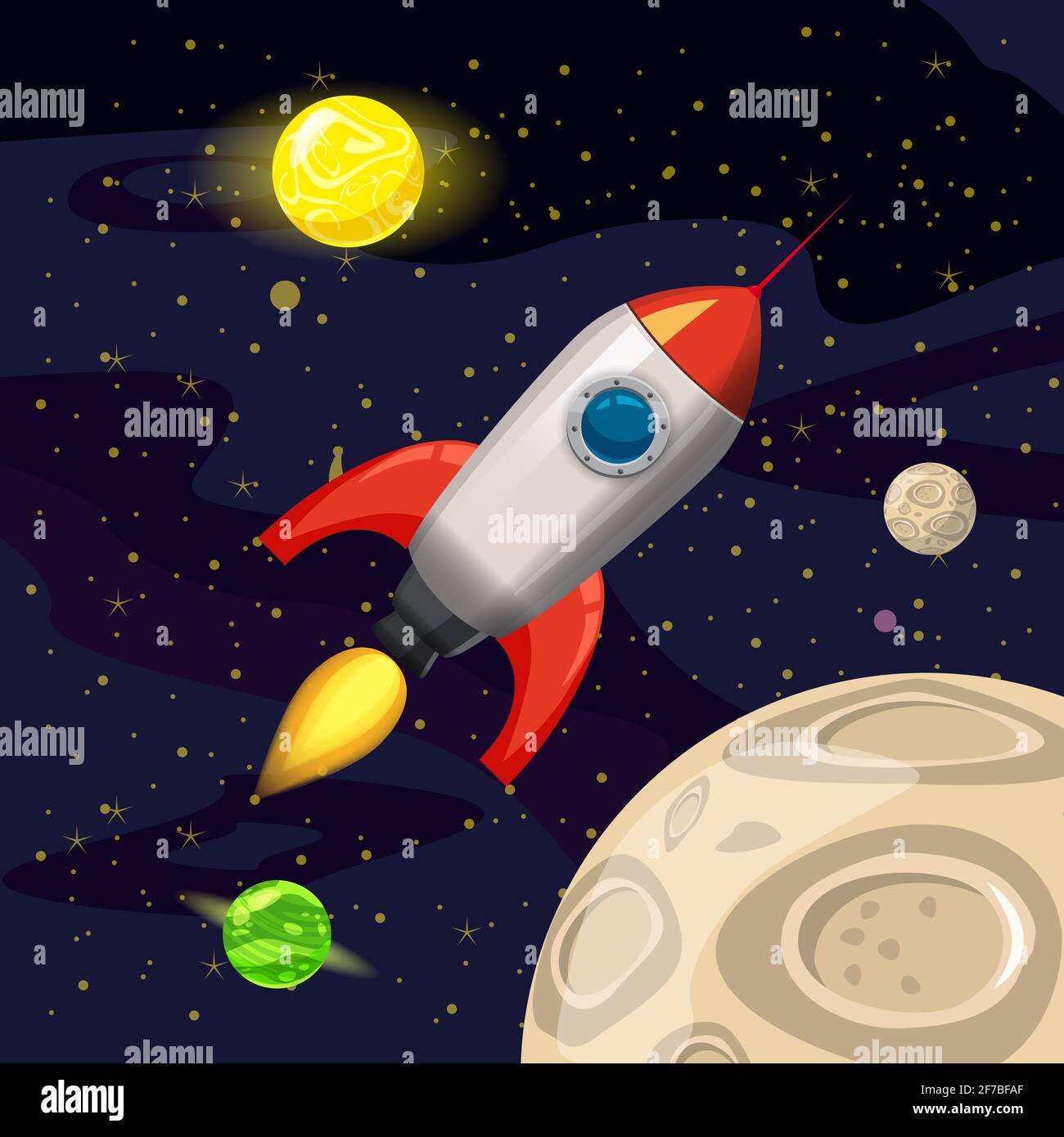 Space rocket launch, spaceship, space background, cartoon style, Vector illustration Stock Vector