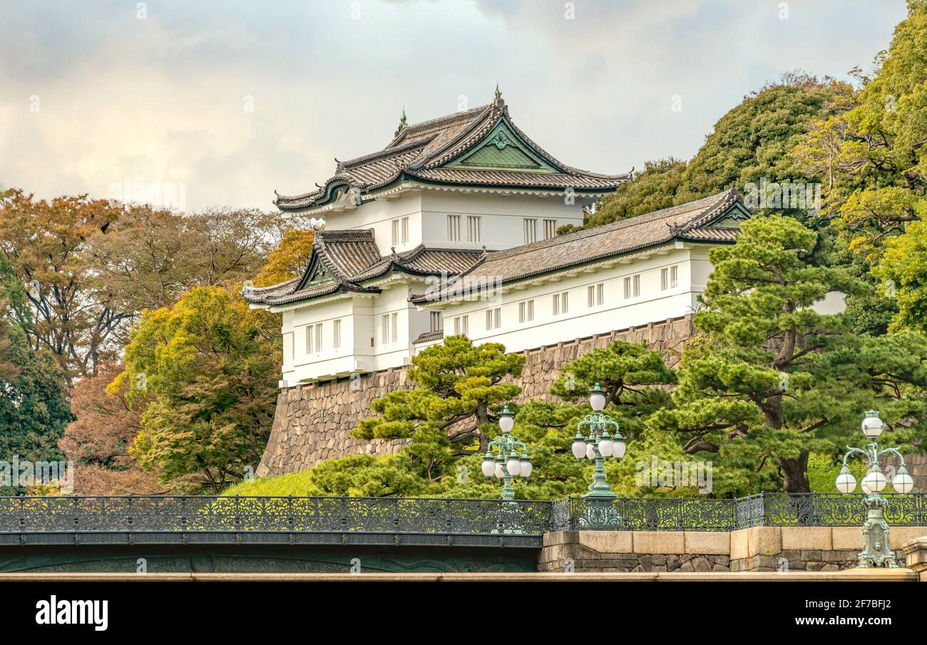Seimon Stone Bridge and Nishinomaru Gate at Imperial Palace seen Kokyogaien National Gardens, Tokyo, Japan Stock Photo