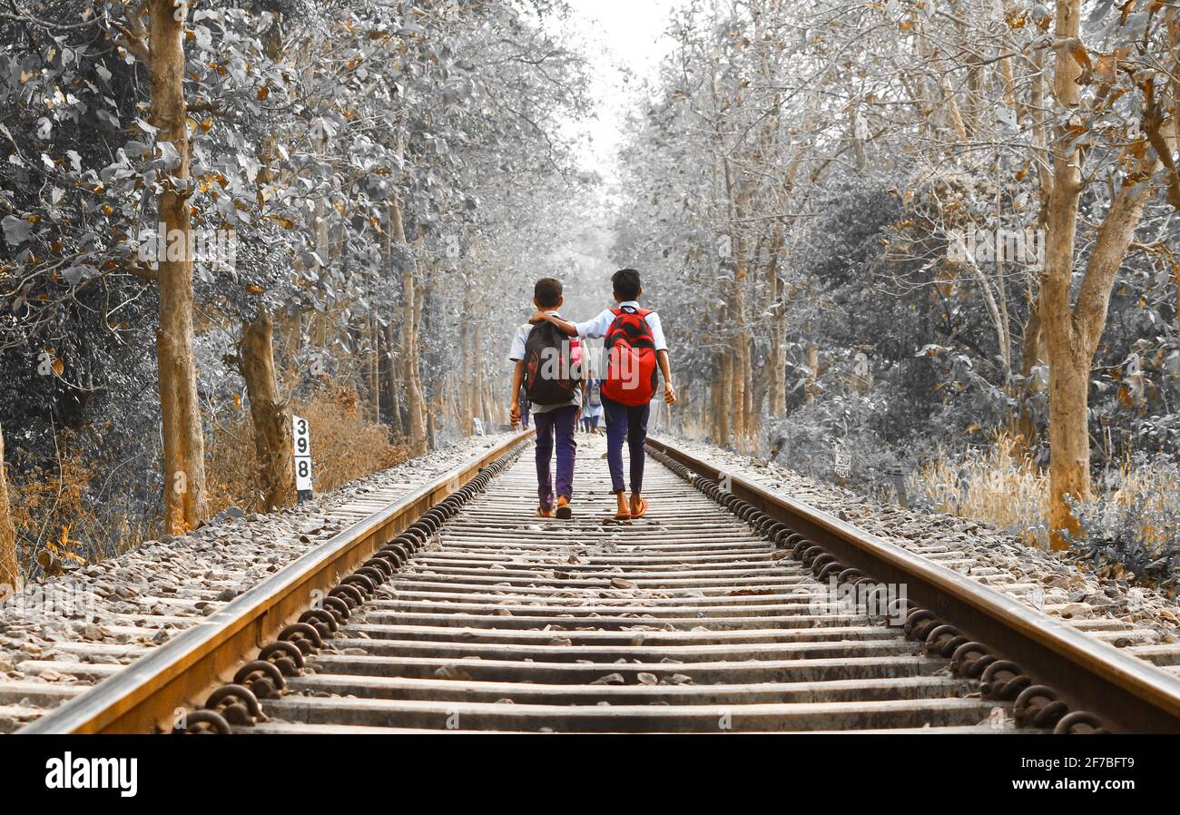 children walking on the railway track Stock Photo Alamy