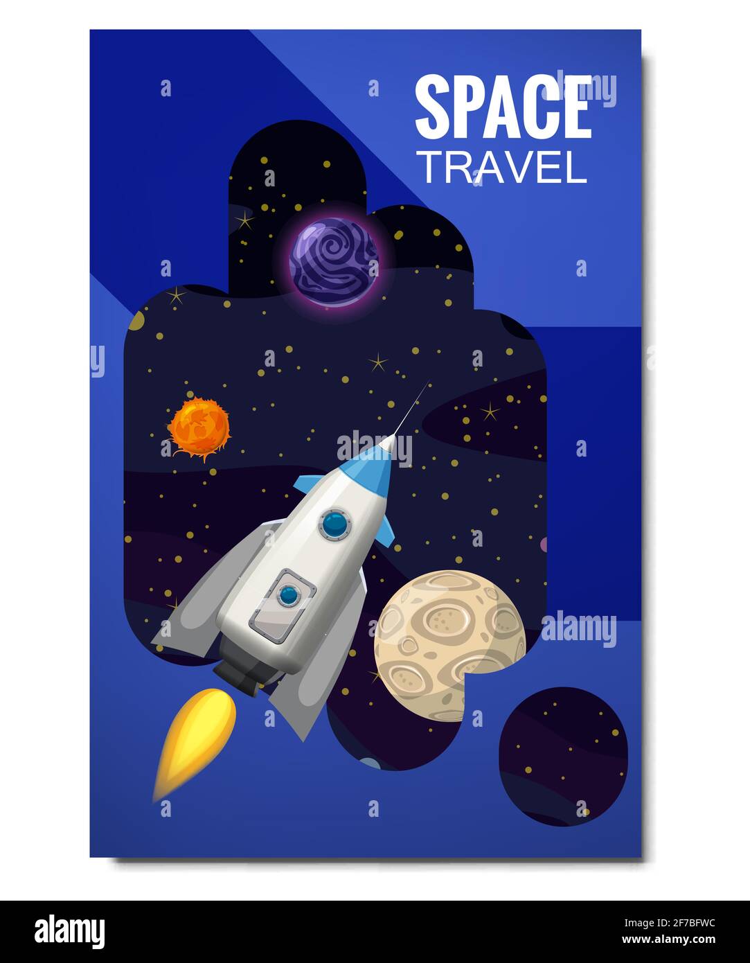 Outline outer space rocket space travel, exploration of the universe, other planets, flying rockets, stars of distant galaxies, template of flyear Stock Vector