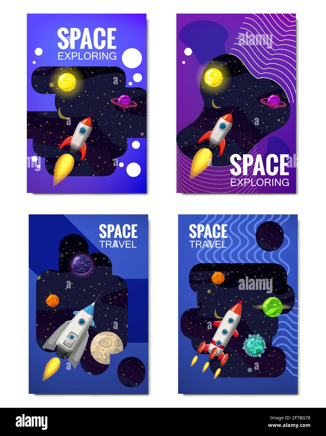 Set of space Template , space travel, exploration of the universe, other planets, flying rockets, stars of distant galaxies, vector, banner Stock Vector
