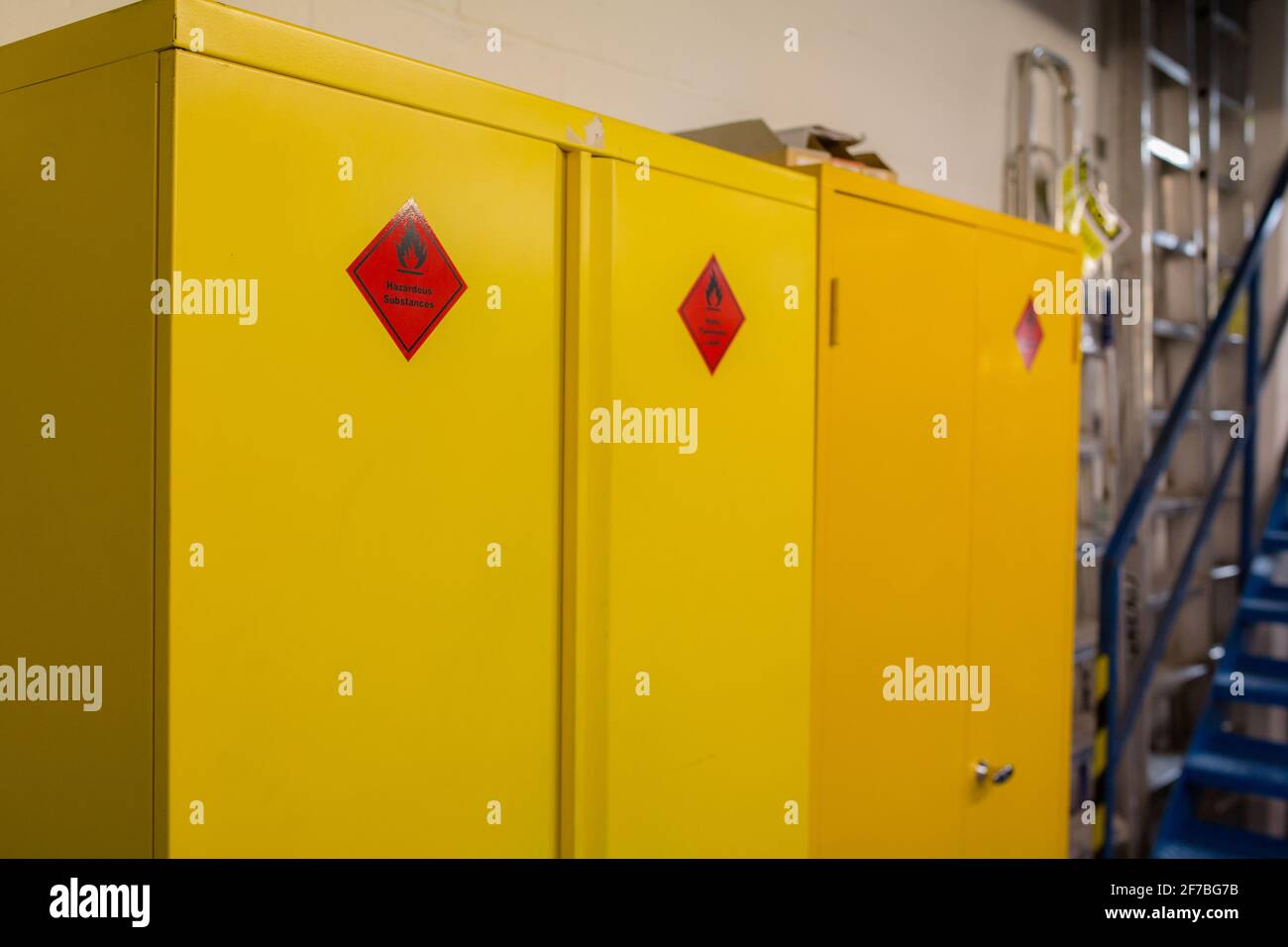 Hazardous storage cabinet in a warehouse where dangerous and flammable products can be stored safely Stock Photo