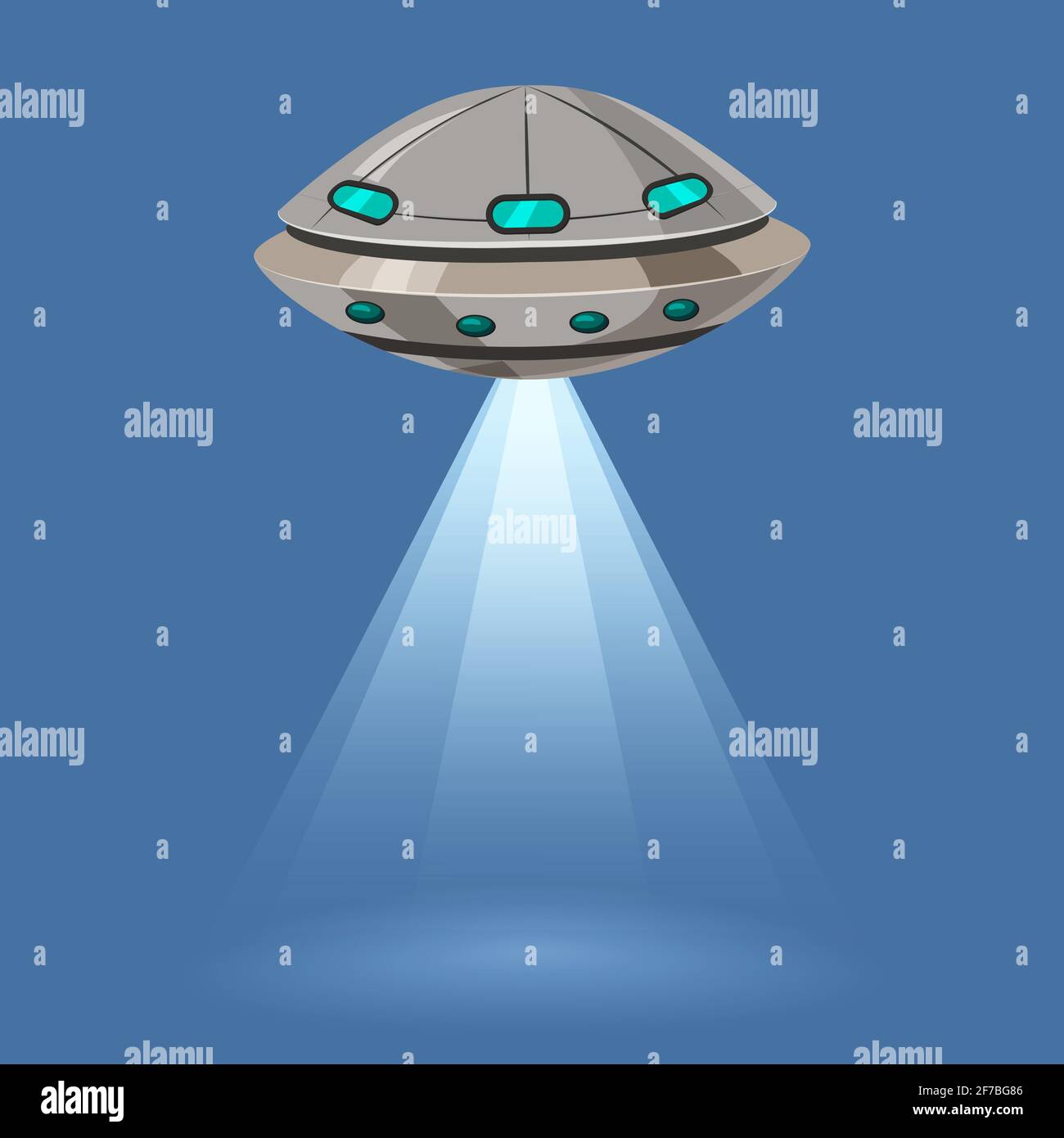 Ufo flying spaceship isolated on blue background, rays light, cartoon style, vector illustration. Concept, template Stock Vector
