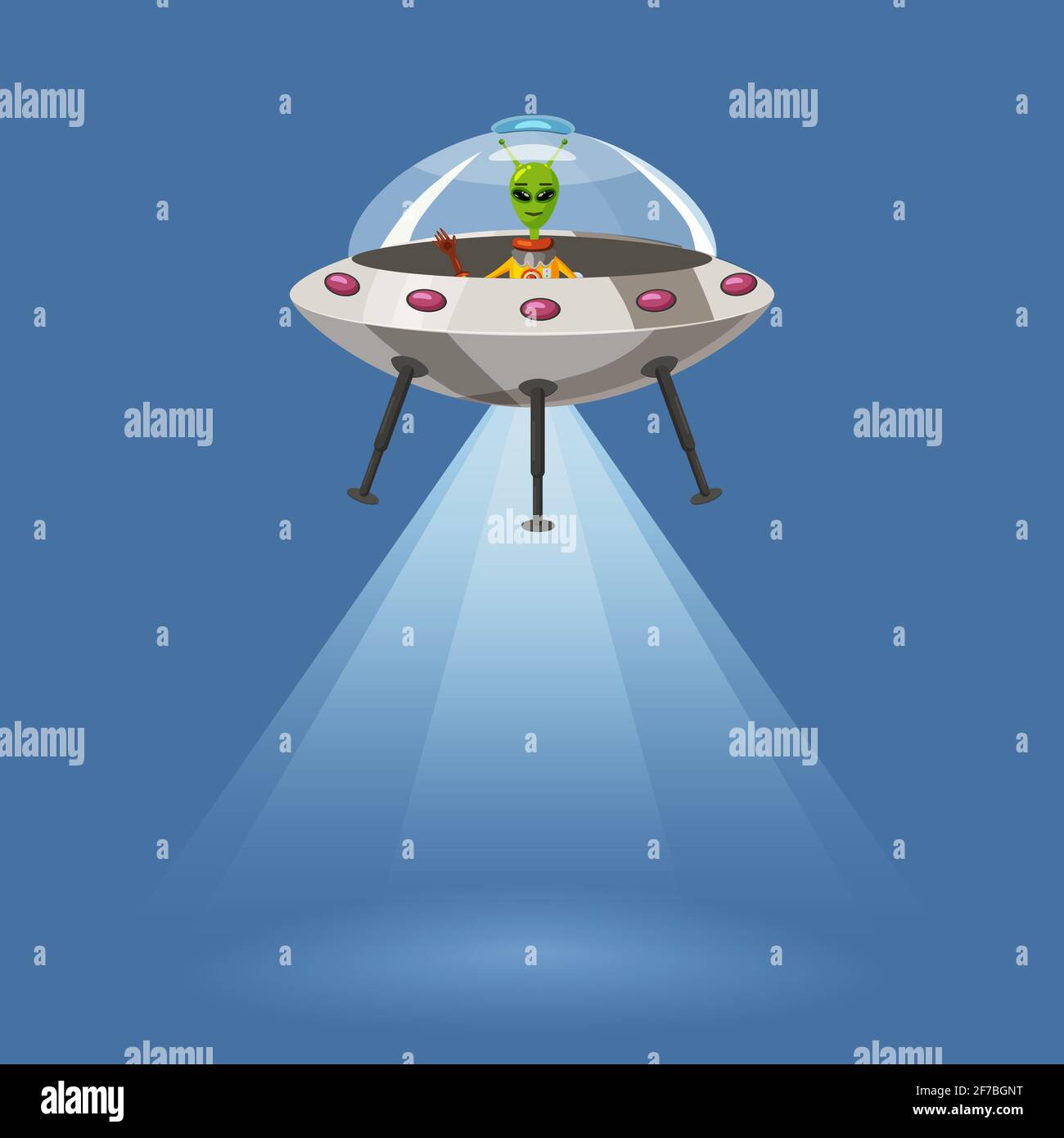 Ufo flying spaceship with alien, isolated on blue background, rays light, cartoon style, vector illustration. Concept, template Stock Vector