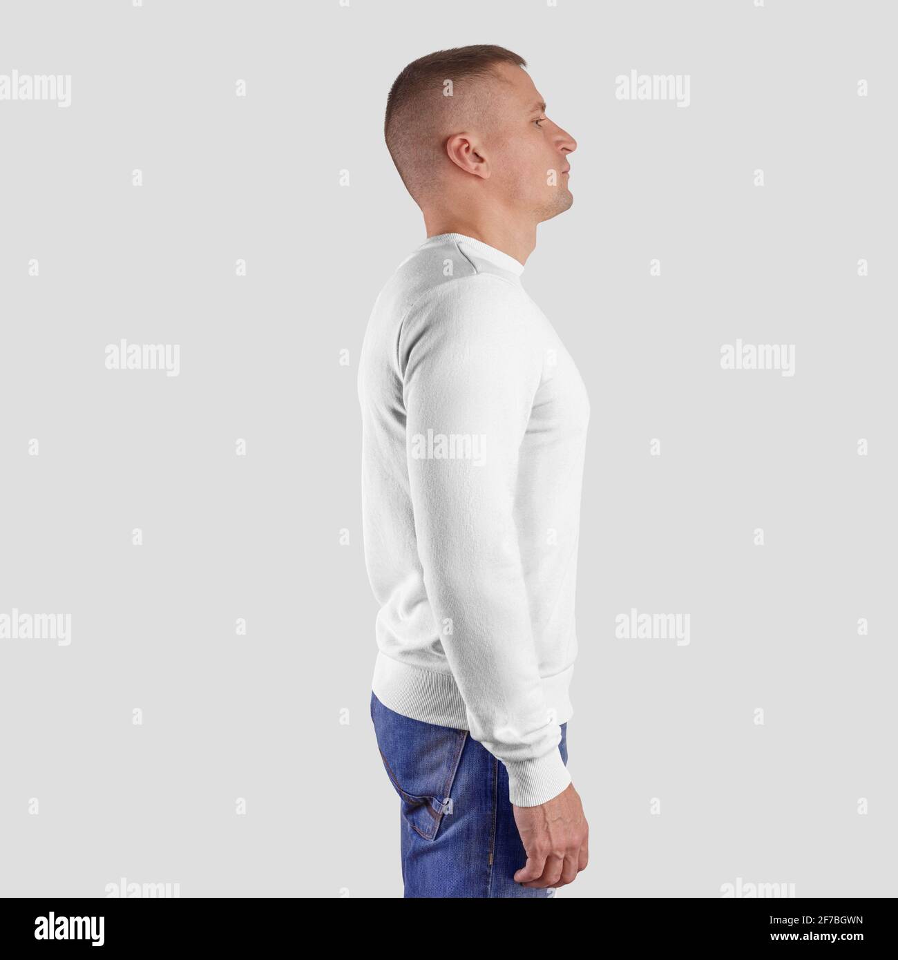 Template blank sweatshirt for a sports man, for presentation of design and pattern, side view. Mockup of textile heather isolated on a white backgroun Stock Photo