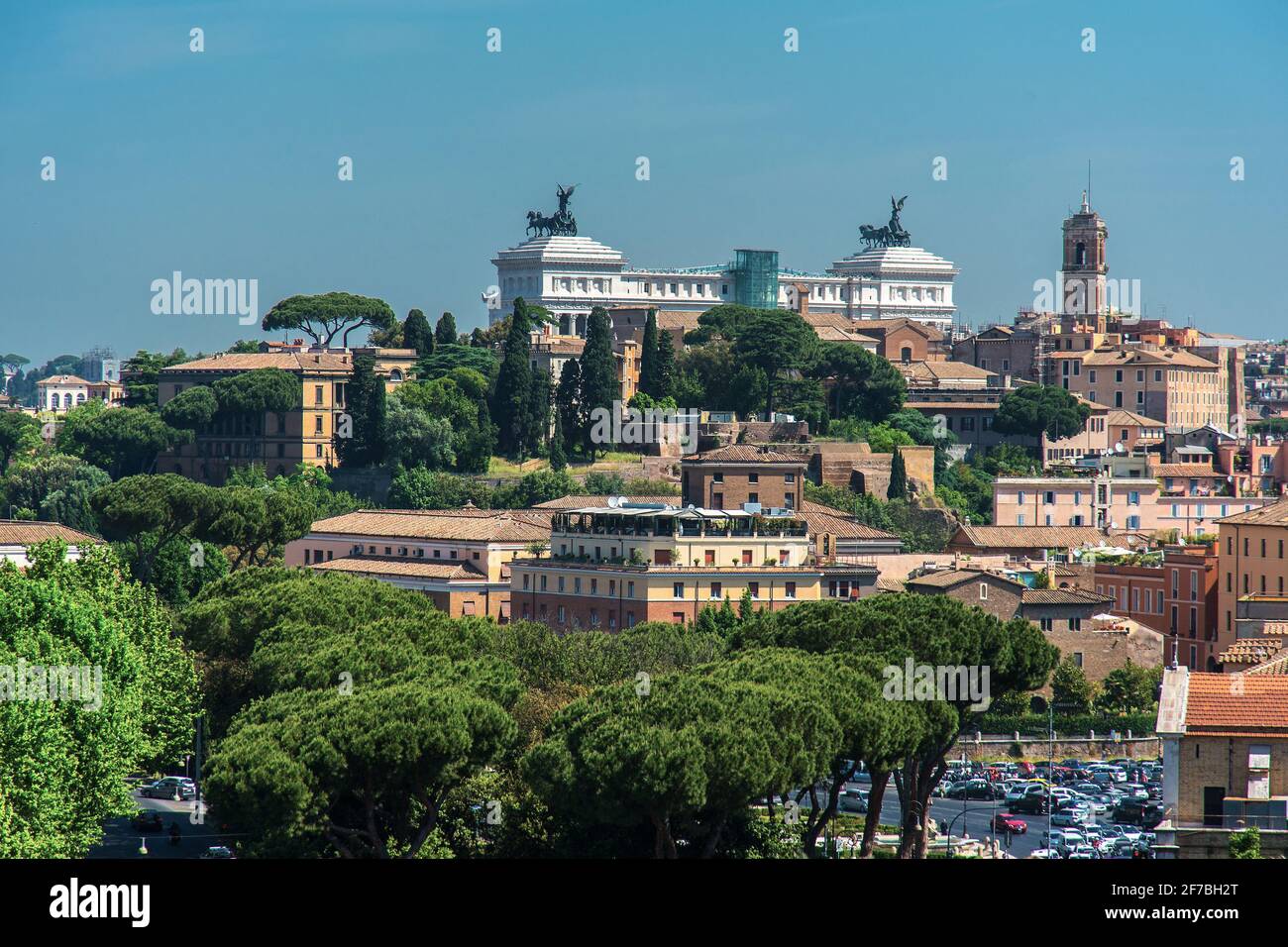 View of Altar of the Fatherland monument from Giardino degli Aranci, Orange Garden, Aventine hill, Turist, Rome, Lazio, Italy, Europe Stock Photo